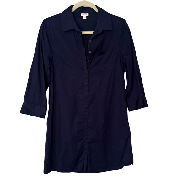 Cuyana Size S Navy Blue Poplin 3/4 Sleeves Collared Tunic Mini Shirt Dress - Picture 2 of 16